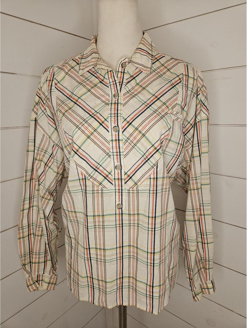 Vintage Chaus (Bernard Chaus) medium cream plaid western style tunic shirt